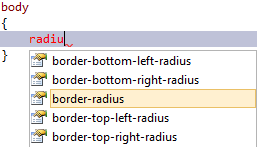 Captura de tela que mostra border-radius selecionado em uma lista do IntelliSense para CS quando o raio é digitado.