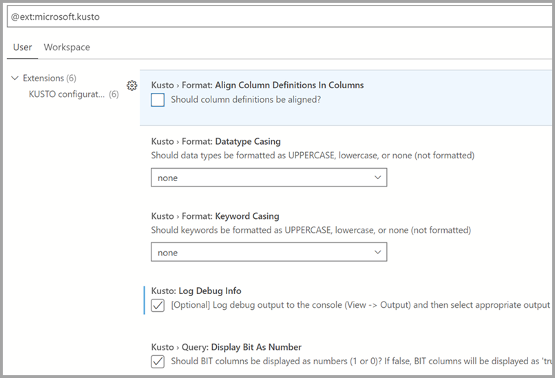 Configurações de extensão do Kusto (KQL)