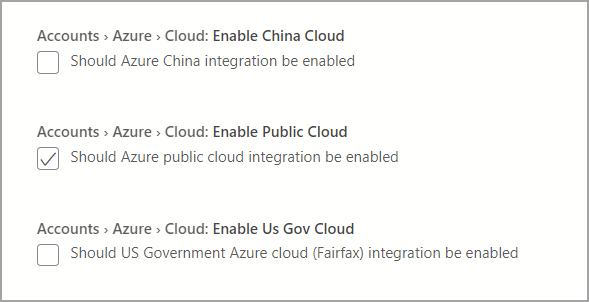 Captura de tela das Nuvens Nacionais de Autenticação do Azure.