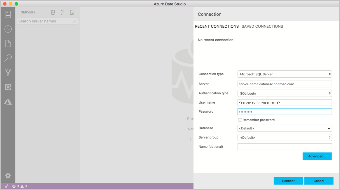 Captura de tela da página Conexão do Azure Data Studio.