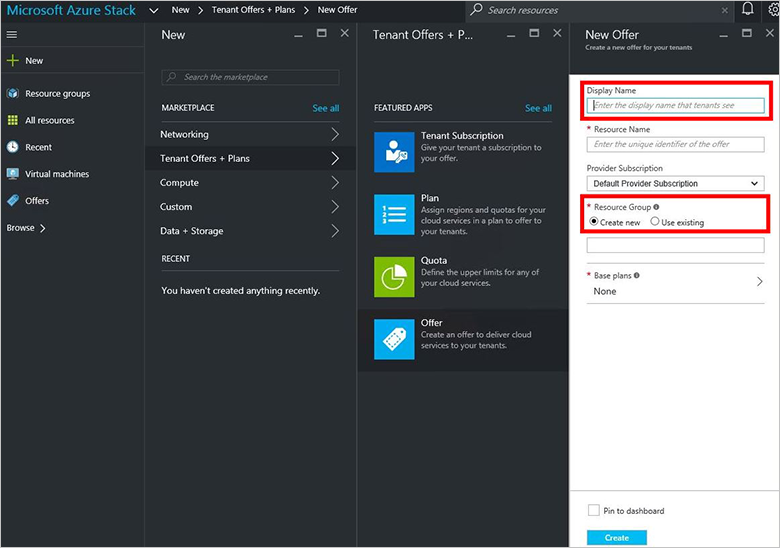 Captura de tela que mostra como criar um recurso para uma nova oferta no Azure Stack Hub.