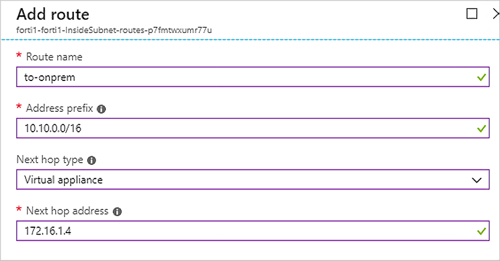 A caixa de diálogo Adicionar rota mostra os quatro valores que foram inseridos nas caixas de texto.