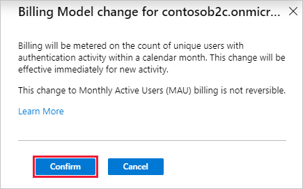 Captura de tela que mostra a caixa de diálogo de confirmação de cobrança baseada em MAU no portal do Azure.