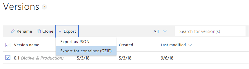 Exportar o pacote treinado para o contêiner a partir do menu Exportar da página Versões