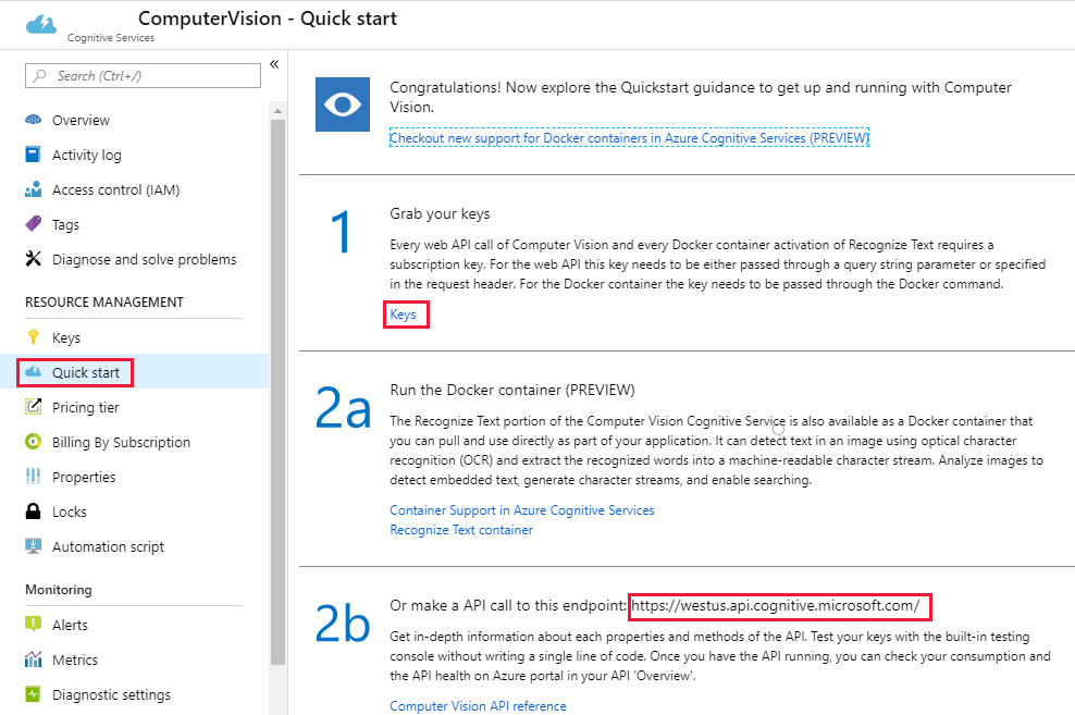 O serviço de Visão de IA do Azure no portal do Azure, com o menu Início Rápido selecionado. Um link para as chaves está realçado, assim como a URL do ponto de extremidade de API