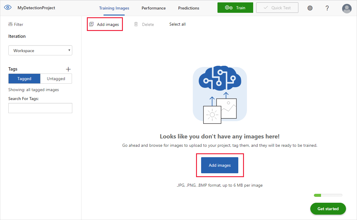 O controle de adição de imagens é mostrado no canto superior esquerdo e como um botão na parte inferior central.