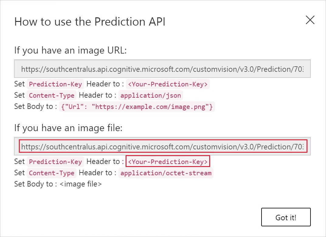 A guia de desempenho é mostrada com um retângulo vermelho ao redor do valor da URL de previsão para usar um arquivo de imagem e o valor Prediction-Key.