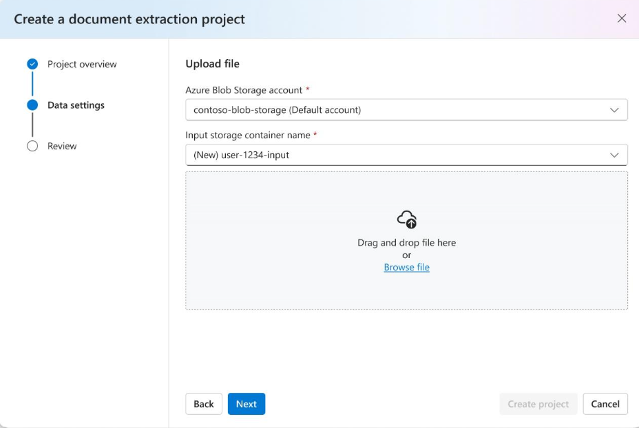 Captura de tela da página de configurações de dados do projeto de extração de documentos.