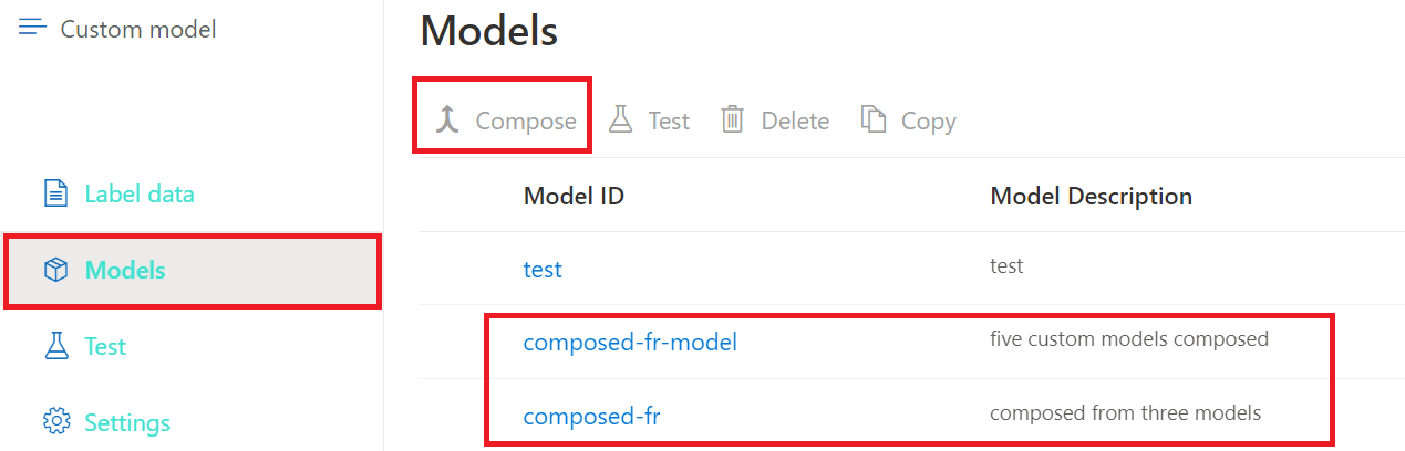 Captura de tela de uma lista de modelos Personalizados Compostos no Estúdio de Informação de Documentos.