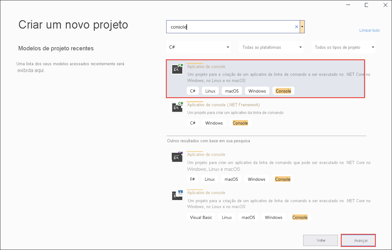 Captura de tela: a página Criar projeto do Visual Studio.