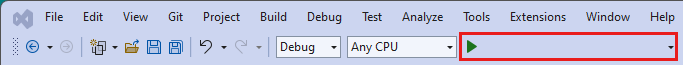 Captura de tela do botão executar o programa do Visual Studio.