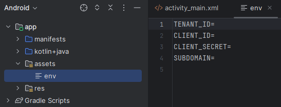 Captura de tela das variáveis de ambiente no Android Studio.