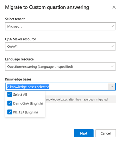 Migrar o QnA Maker com a caixa de seleção vermelha em torno da opção de seleção da base de dados de conhecimento, com uma lista suspensa exibindo três nomes de bases de dados de conhecimento