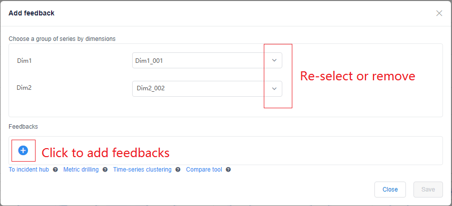 Caixa de diálogo de adição de comentário com duas dimensões e a opção de selecionar ou remover dimensões e adicionar comentário.