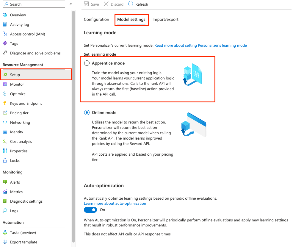 Captura de tela da configuração do comportamento de aprendizado do modo Aprendiz no portal do Azure