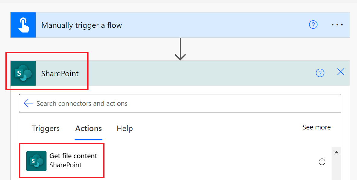 Captura de tela da ação Obter conteúdo de arquivo do SharePoint.