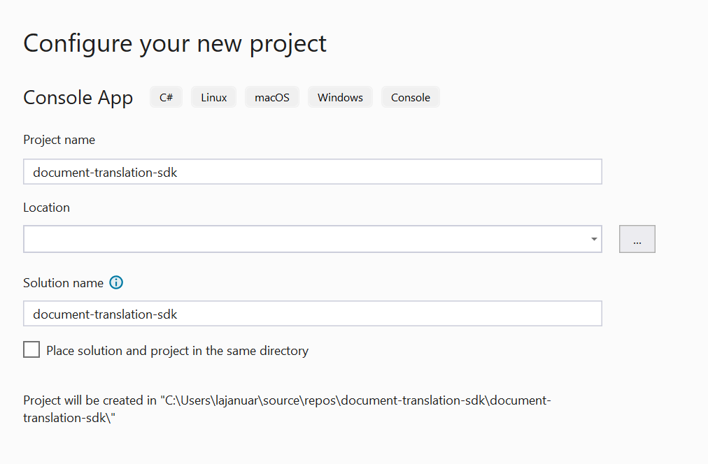 Captura de tela da janela de configuração do novo projeto do Visual Studio 2022.