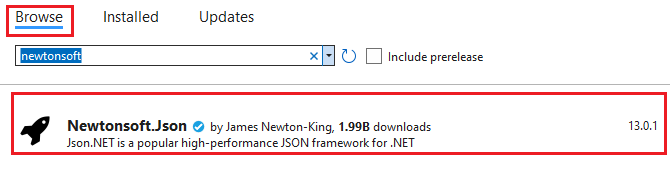 Captura de tela da janela de instalação de pacotes NuGet.