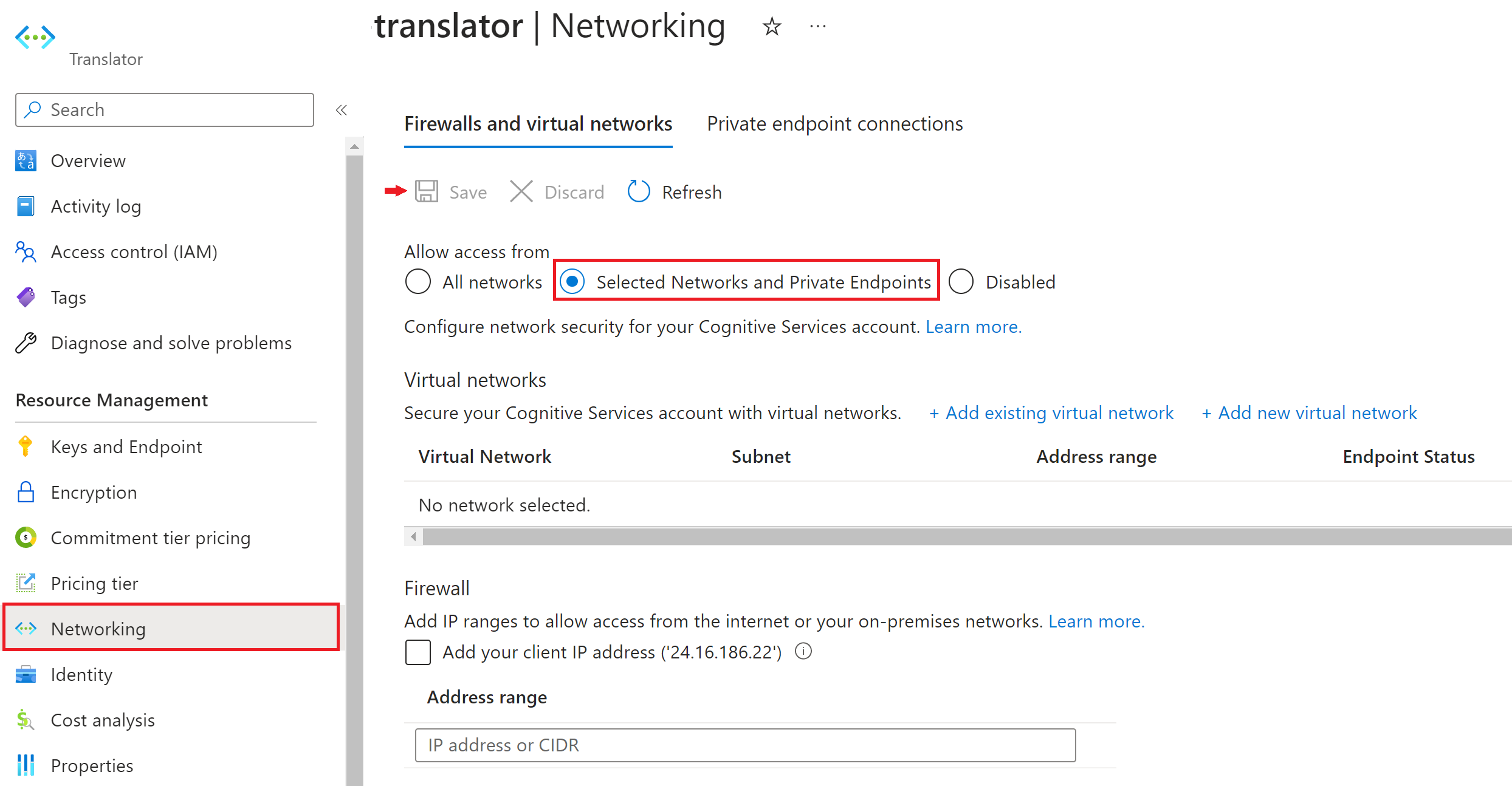 Captura de tela da configuração da rede virtual no portal do Azure.