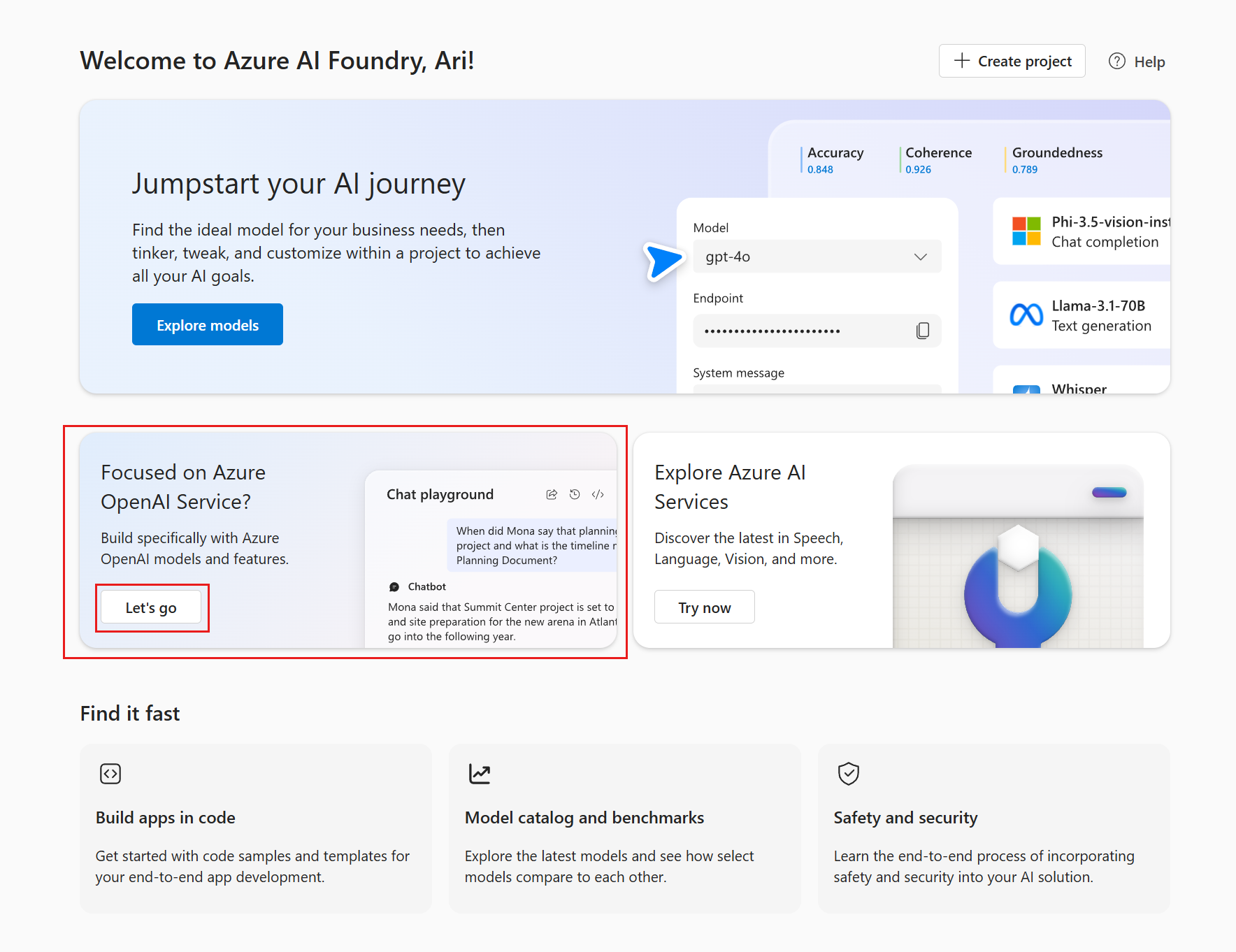 A captura de tela mostra a home page do Azure AI Foundry.