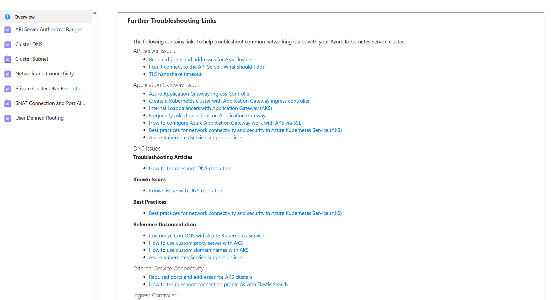 Captura de tela do resultado do Diagnosticar e Resolver Problemas do AKS - Adicional - Docs.