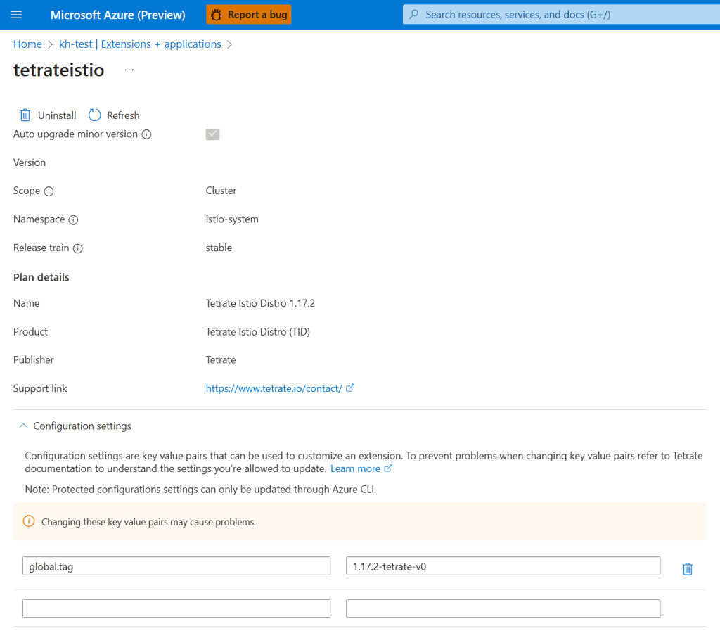 Captura de tela das configurações de extensão de cluster.