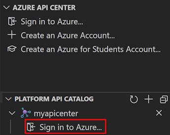 Captura de tela do catálogo de APIs de plataforma do Centro de API na extensão do VS Code.