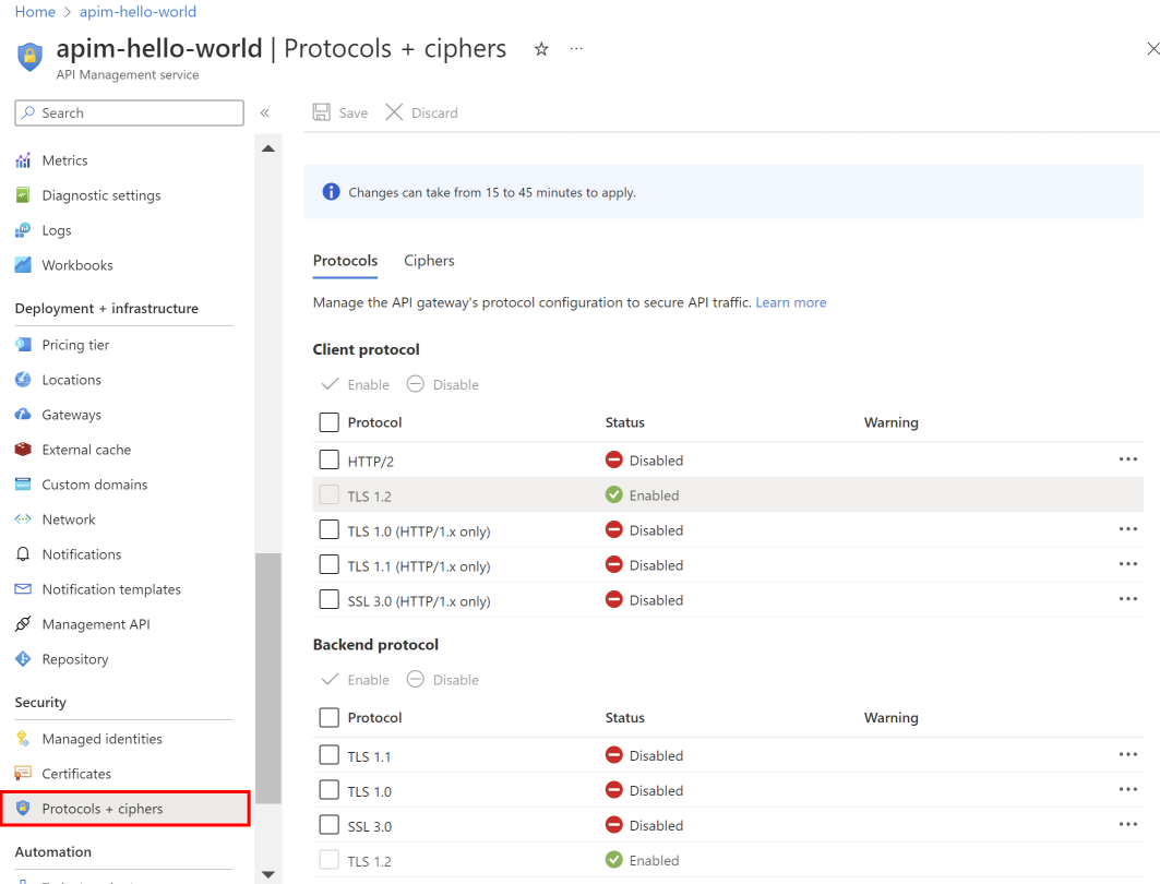 Captura de tela do gerenciamento de protocolos e criptografias no portal do Azure.