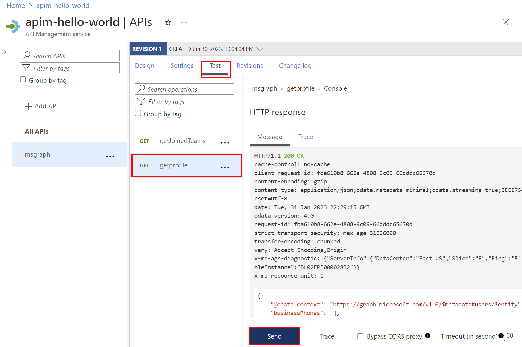 Captura de tela do teste da API do Graph no portal.