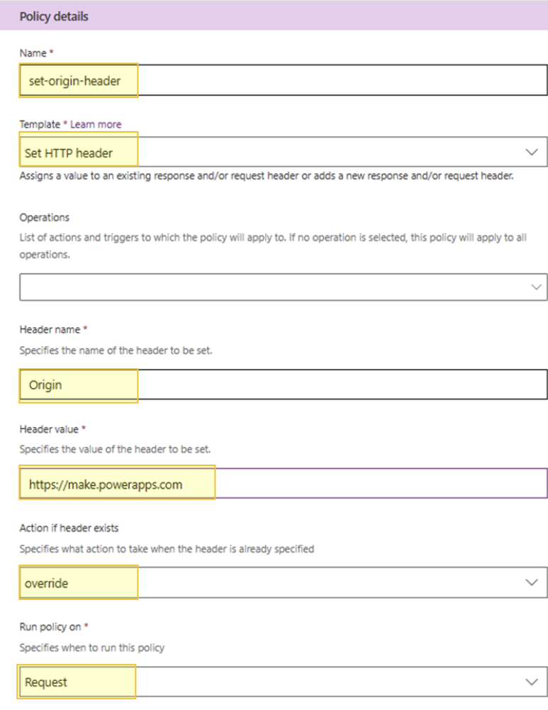 Captura de tela da criação de política no conector personalizado do Power Platform para definir um cabeçalho Origin em solicitações HTTP.