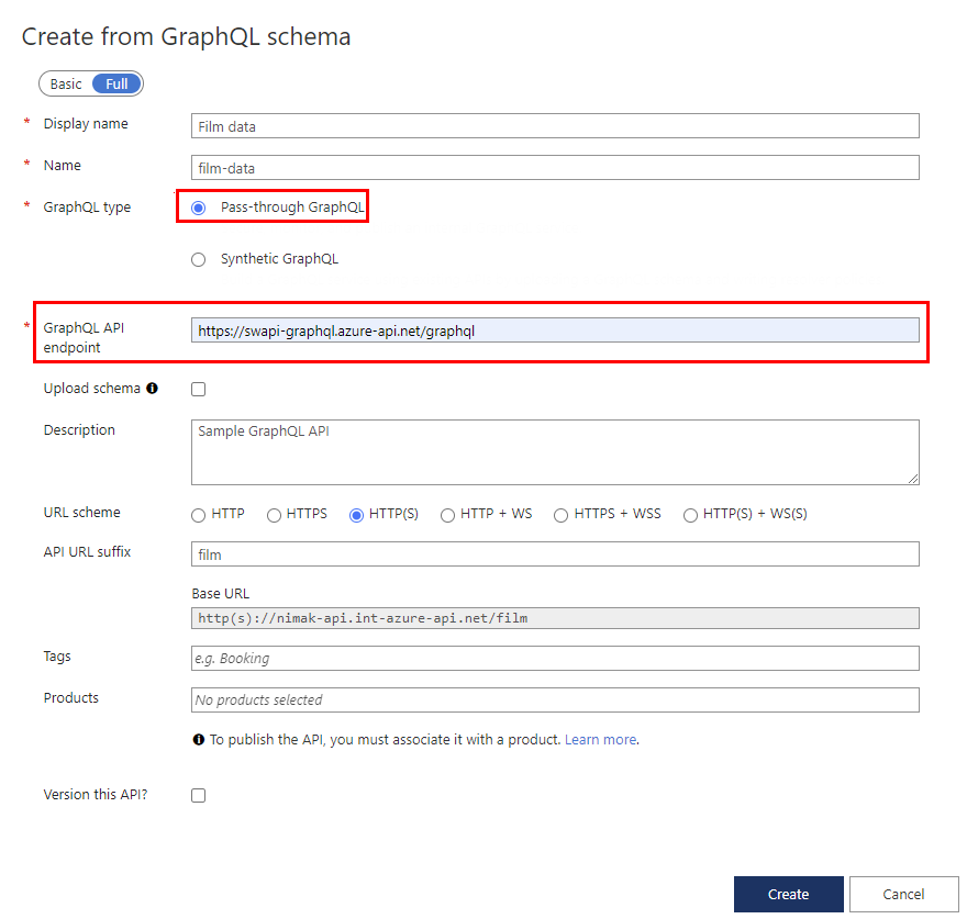 Captura de tela dos campos para criar uma API do GraphQL.