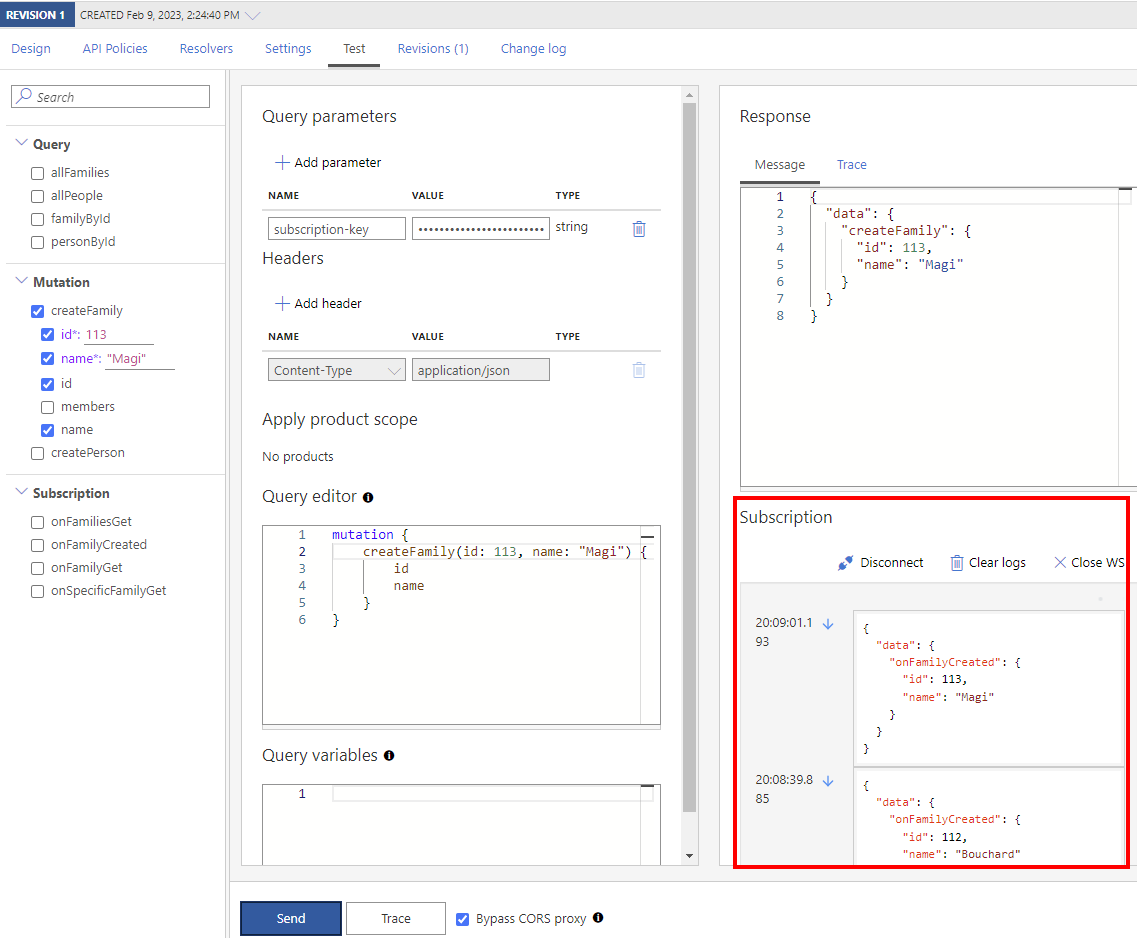 Captura de tela dos eventos de assinatura do GraphQL no portal.