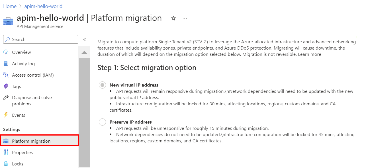 Captura de tela mostrando a migração da plataforma de Gerenciamento de API no portal.