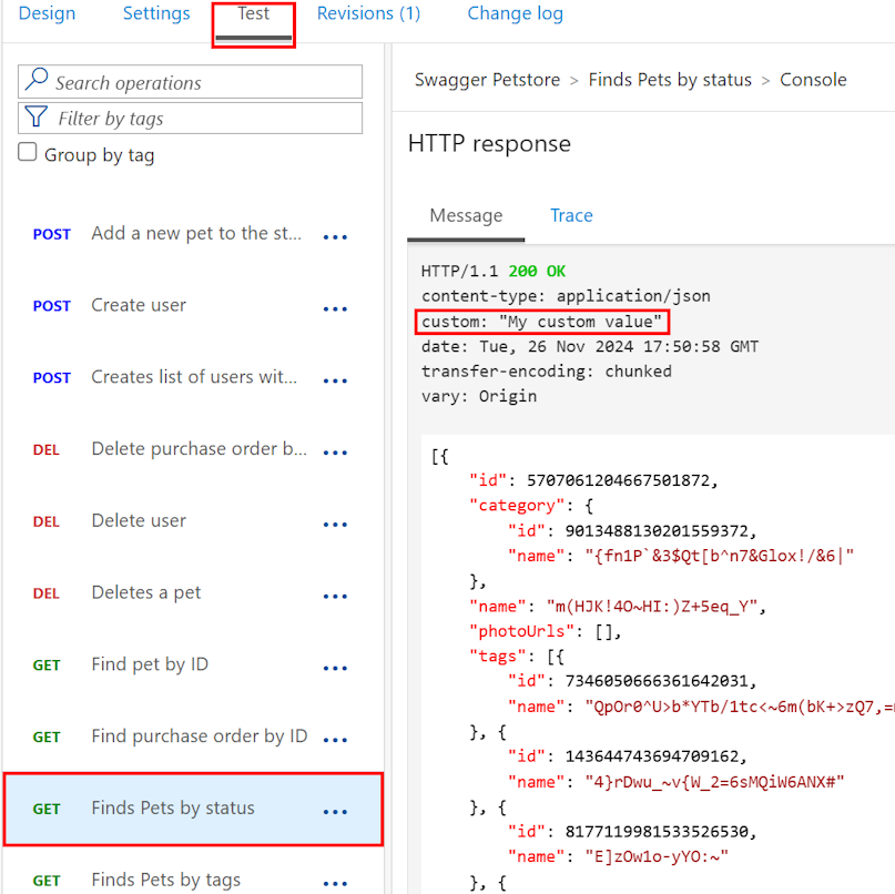 Captura de tela mostrando cabeçalhos de resposta personalizados no portal.