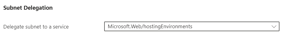 Captura de tela mostrando a delegação de sub-rede para Microsoft.Web/hostingEnvironments no portal.