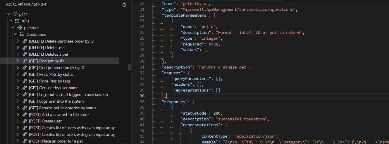 Captura de tela da API na extensão do Gerenciamento de API.