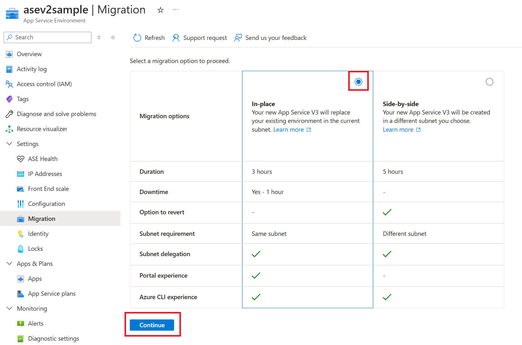 Captura de tela que mostra a tabela com as opções de migração.