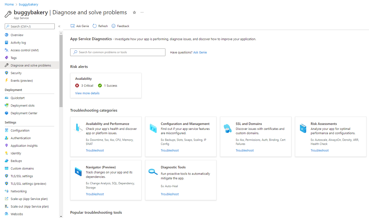 Serviço de Aplicativo Diagnostique e solucione problemas na home page com a caixa de pesquisa de diagnóstico, avaliações de Alertas de Risco e categorias de Solução de problemas para descobrir diagnósticos para o Recurso do Azure selecionado.