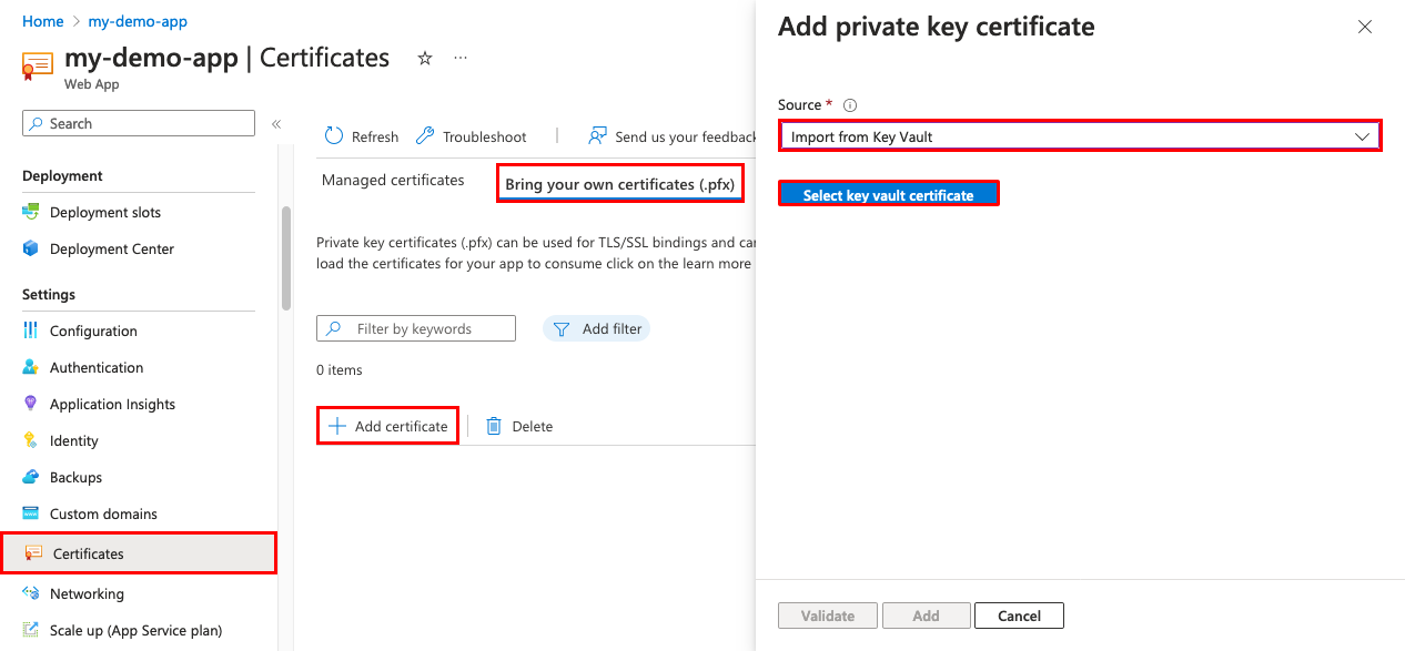 Captura de tela da página de gerenciamento do aplicativo com “Certificados”, “Traga seus próprios certificados (.pfx)” e “Importar do Key Vault” selecionados.