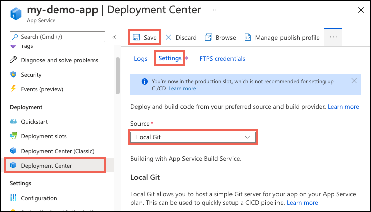 Mostra como habilitar a implantação do Git local para o Serviço de Aplicativo no portal do Azure