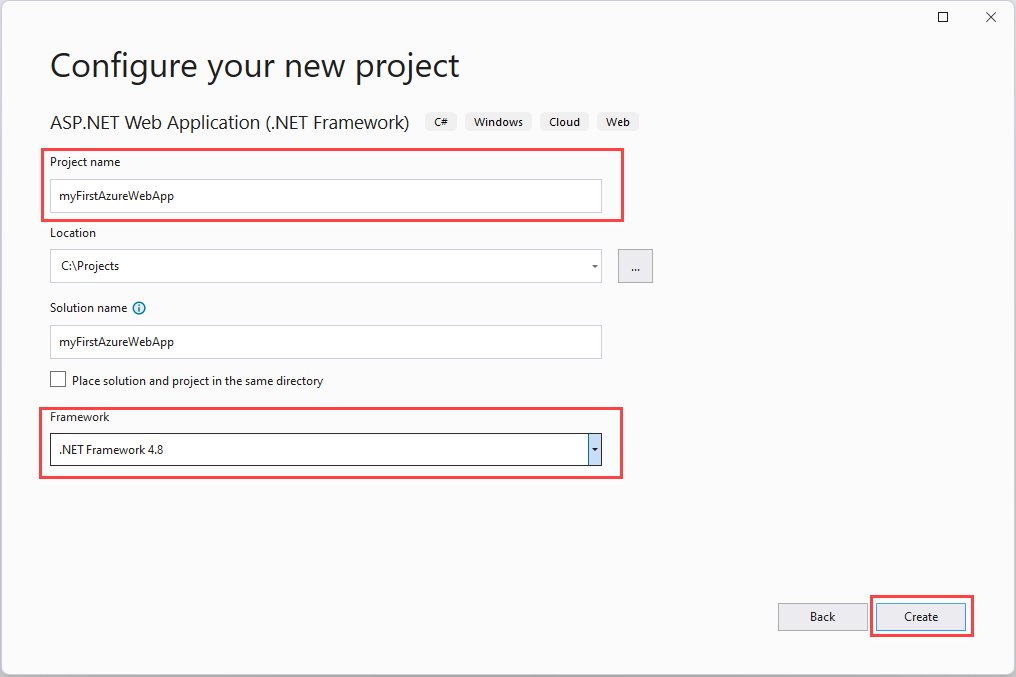 Captura de tela de Configure o projeto de aplicativo Web.