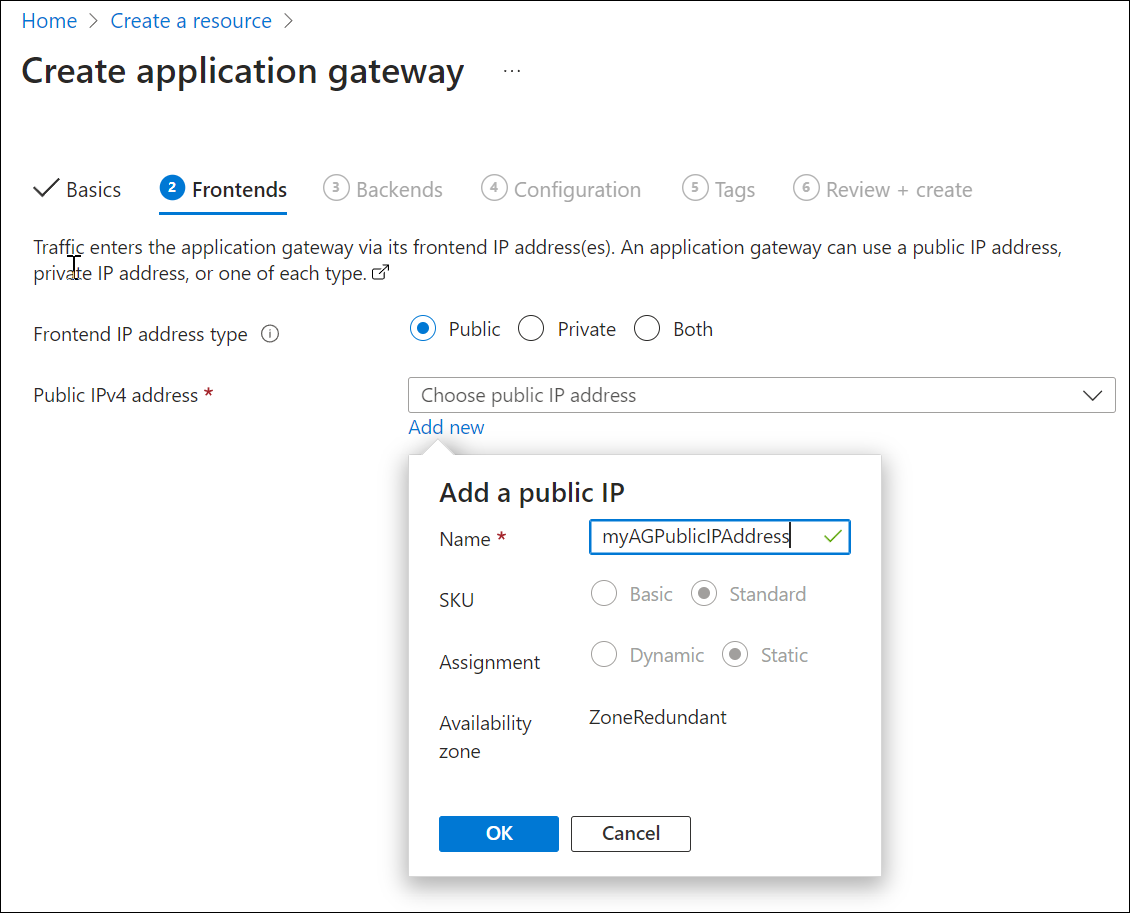 Captura de tela da criação de novos front-ends do gateway de aplicativo.