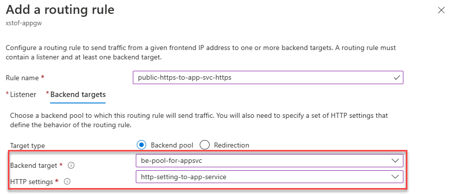 Adicione uma nova regra de roteamento do ouvinte ao pool de back-end do Serviço de Aplicativo usando as definições de HTTP configuradas