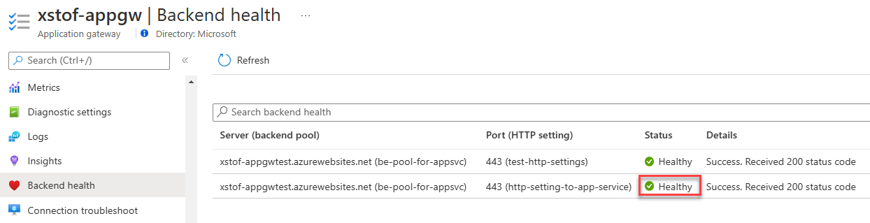 Verificar a integridade do back-end no portal do Azure