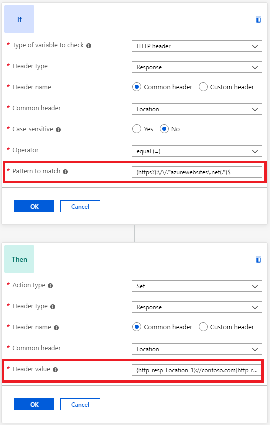 Captura de tela da ação de modificação do cabeçalho de localização.