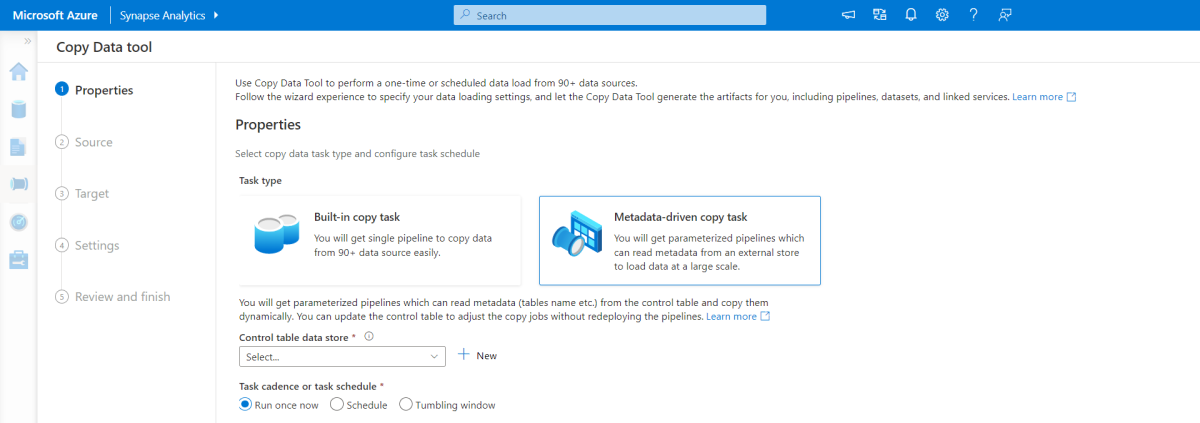 Captura de tela da ferramenta de dados de cópia baseada em metadados no Azure Synapse Analytics.