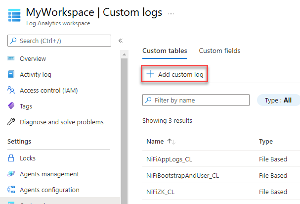 Captura de tela da página Logs personalizados no portal do Azure com Adicionar log personalizado destacado.