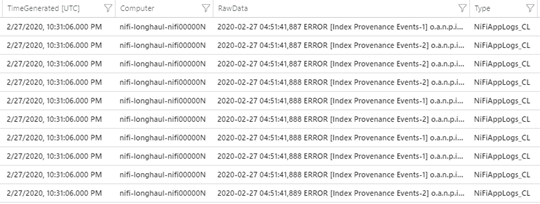 Captura de tela dos resultados da consulta que incluem um carimbo de data/hora, o computador, os dados brutos, o tipo e o recurso I D.