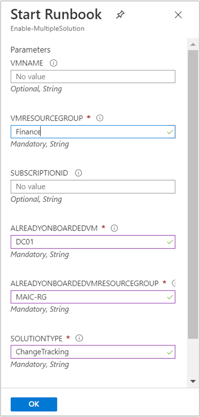 Parâmetros do runbook Enable-MultipleSolution