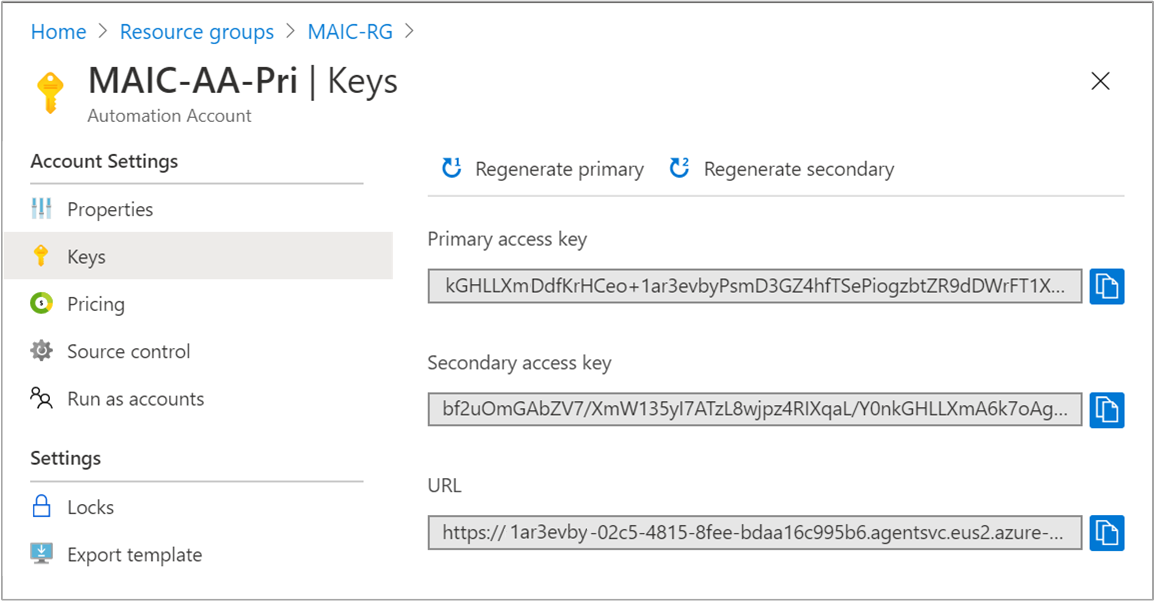 Página de chave primária da conta de Automação do Azure